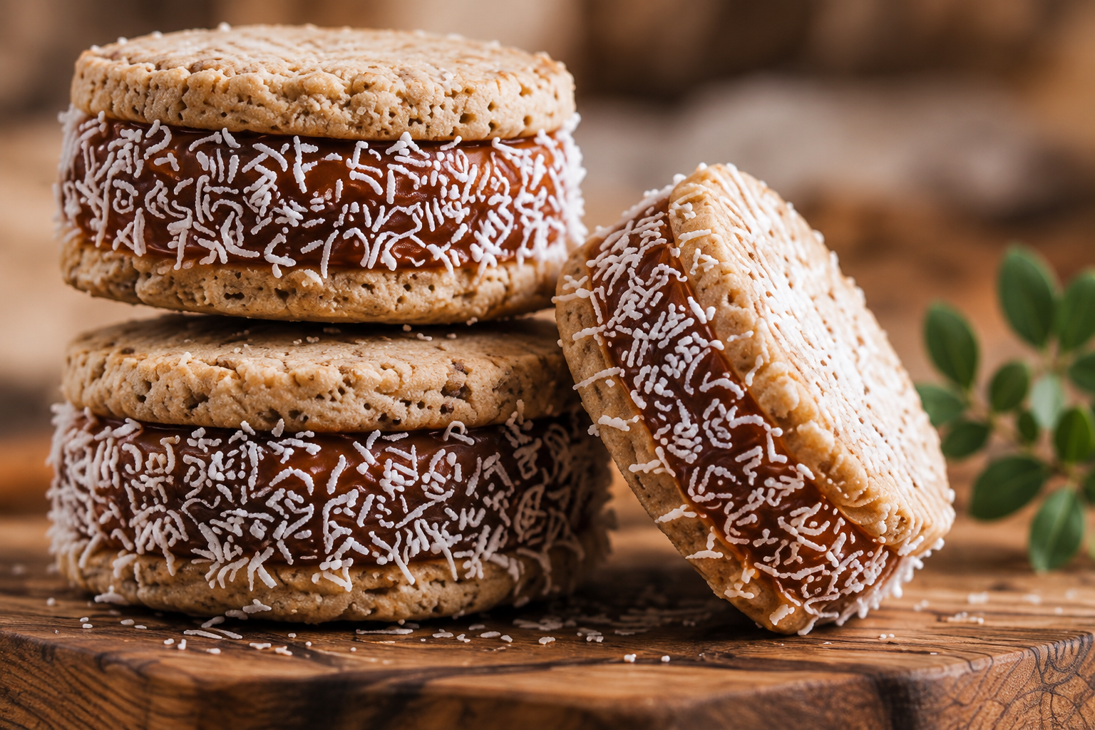 Alfajores integrales SONMI con dulce de leche y coco rallado