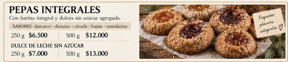 Pepas integrales SONMI con sabores y precios actualizados